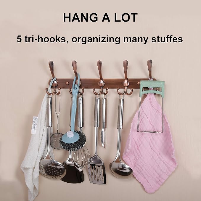Dseap Wall Mounted Coat Rack - 5 Tri Hooks, Heavy Duty, Stainless Steel, Metal Coat Hook Rail for Coat Hat Towel Purse Robes Mudroom Bathroom Entryway,Antique Copper