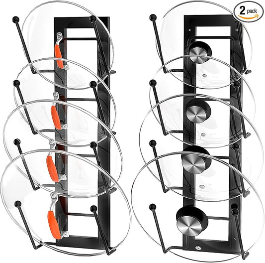 Cisily 8 Layers of Adjustable Pot Lid Organizer Rack for Cabinet Door/Wall，2Pack Lid Organizer Pots and Pans Holder for Kitchen Storage with No Drilling Adhesive 5.7 W“(Black)