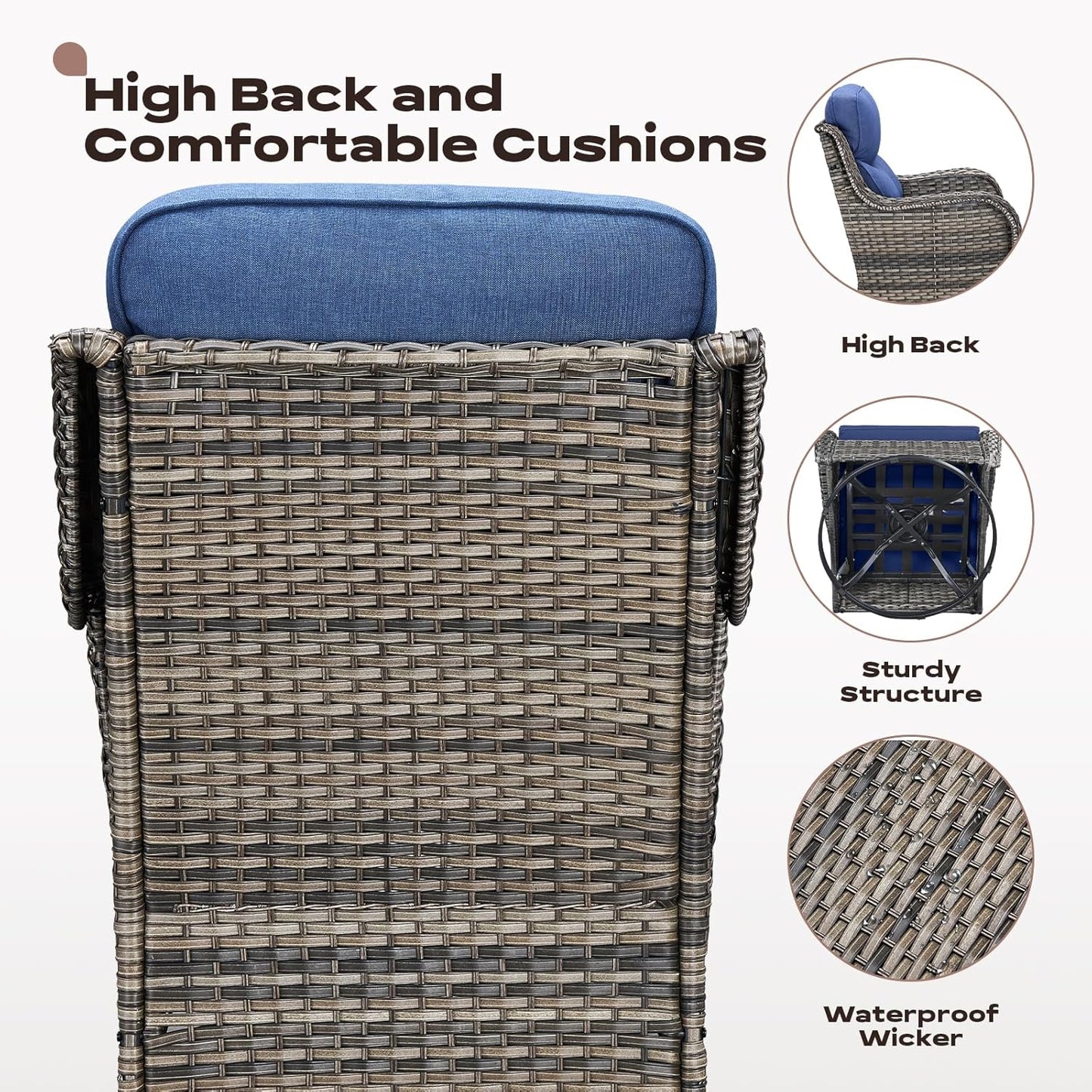 Wicker Outdoor Patio Furniture Set - 8 Piece Patio Conversation Sets with Swivel Rocker Chairs, Ottomans, Sofa and Coffee Table, 6 inch Cushions, Deep Seating, for Porch Deck Mixed Grey/Blue