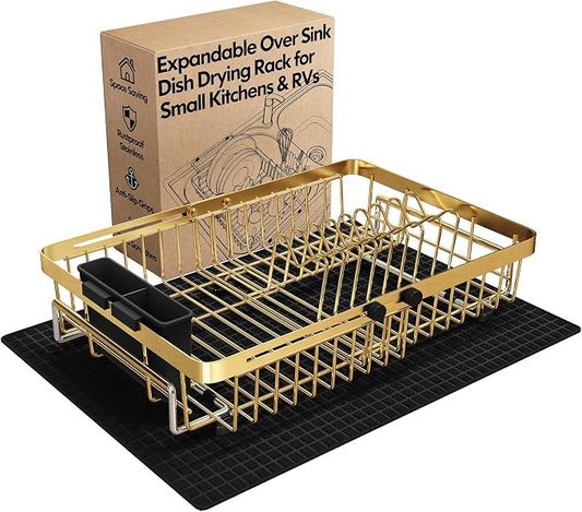 MAJALiS Gold Dish Drying Rack Over The Sink with Utensil Holder, Mat | Expandable Stainless Steel Dish Drainer for Small Kitchen, Apartment, RV, Counter Space Saving, Perfect Fit, Rustproof