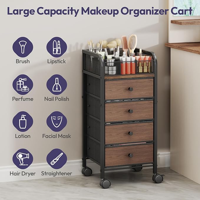 SWTYMIKI Rolling Makeup Organizer Cart - Under Desk Vanity Makeup Storage with 4 Non-woven Drawers, Nail Cart Organizer Cosmetic Display Cases Cabinet for Skin Care Perfume Nail Polish Brush Hair Tool