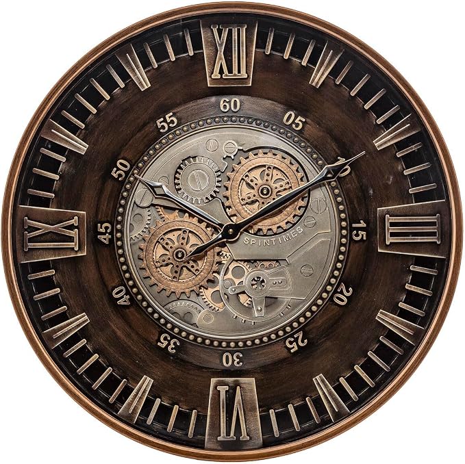CLXEAST 24 Inch Large Moving Gear Wall Clock for Farmhouse Living Room Decor,Vintage Industrial Bronze Gold Metal Wall Clock for Home Office,House Warming Gifts New Home