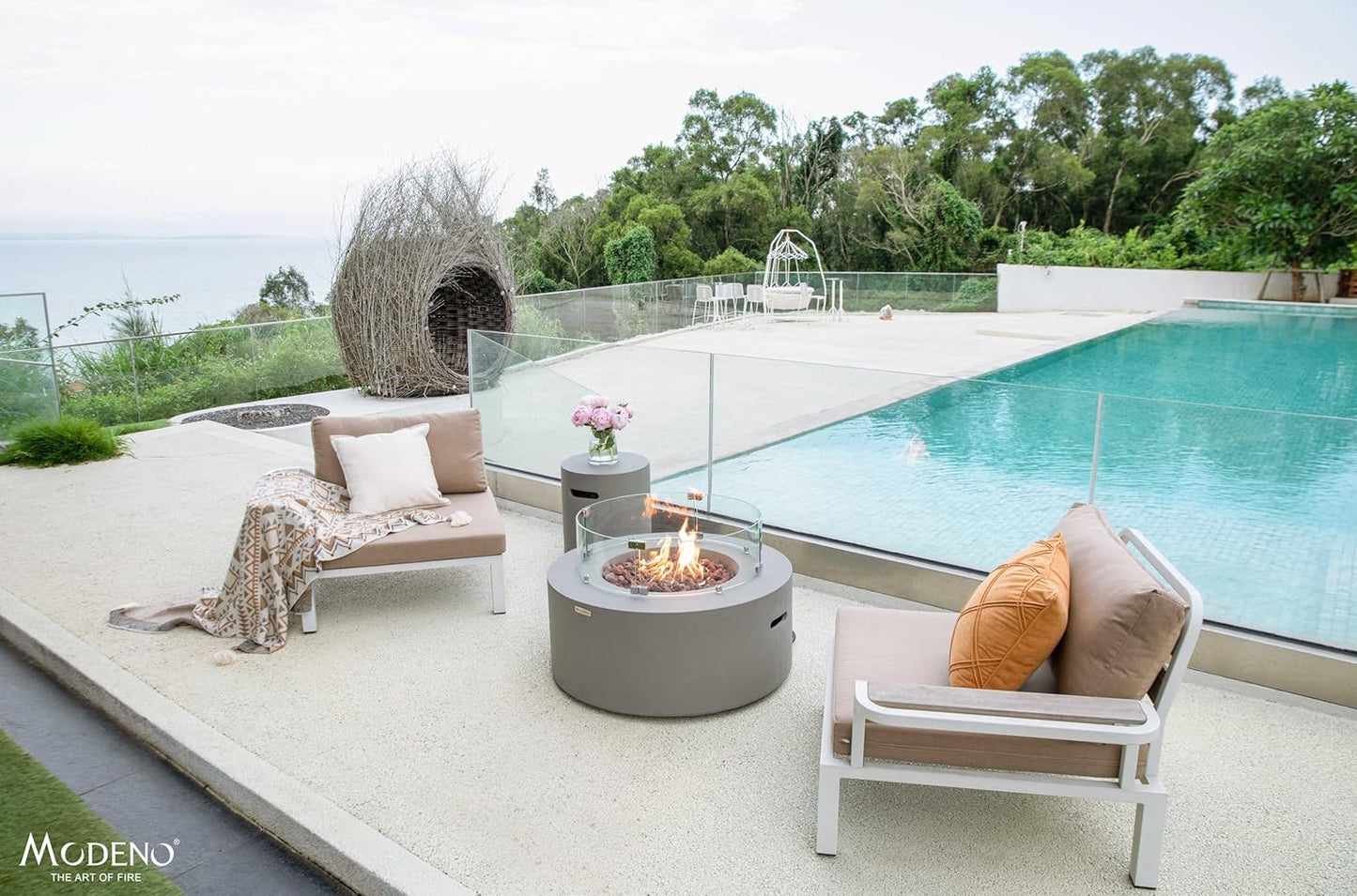 AMS Fireplace | Modeno Tramore Package | Light Gray Liquid Propane Gas Fire Pit Table for Outside Patio Bundle with Tank Cover, Wind Guard, and SS Burner Lid | Free Ice Bucket & Rubber Mat