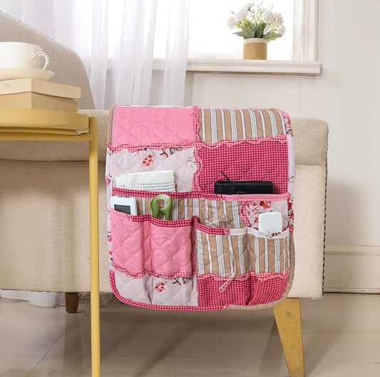 Armchair Caddy for Couch Remote Control Holder Non-slip Sofa Armset Organizer Caddy Storage for Recliner Couch 5 Pocket for Cell Phone Magazine 35"x13" Pink Vintage 1 Piece