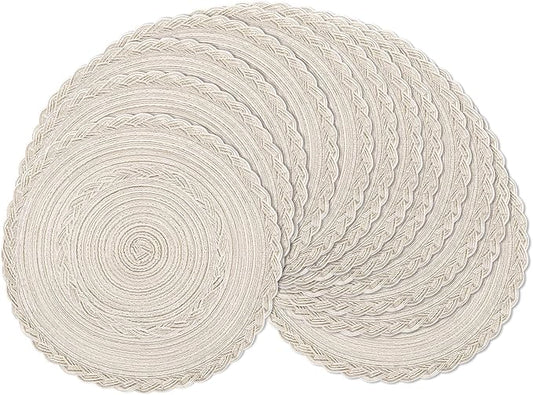 SHACOS 15 inch Round Braided Placemats Set of 12 for Dining Table Woven Boho Place Mats Kitchen Placemat Washable Table Mats, Ivory Bordered