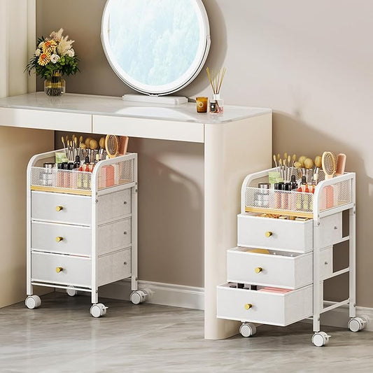 SWTYMIKI Rolling Makeup Organizer Cart - Under Desk Vanity Makeup Storage with 3 Non-woven Drawers, Nail Cart Organizer Cosmetic Display Cases Cabinet for Skin Care Perfume Nail Polish Brush Hair Tool