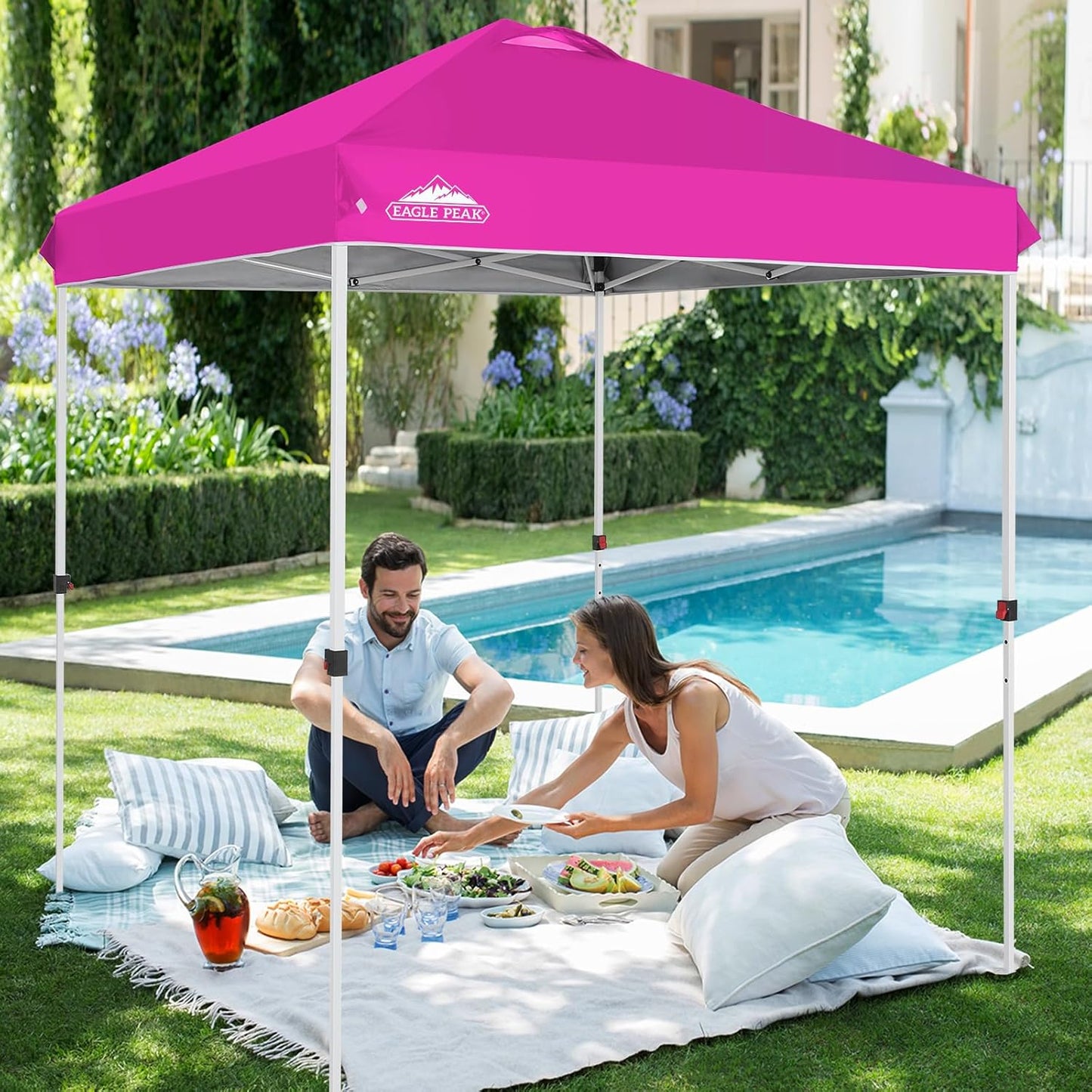 EAGLE PEAK Pop Up Canopy Tent with Wheeled Carry Bag, 8 Stakes, 4 Ropes, Easy Set Up Tent Canopy, 6.6x6.6 ft, Pink