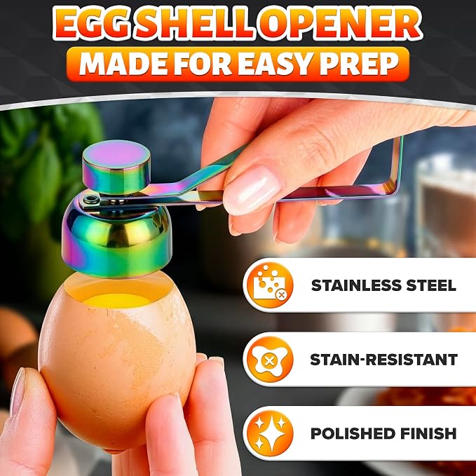 Egg Cracker Tool for Raw Eggs — Egg Shell Opener for Soft-Boiled Shell Tops, Stainless Steel Topper with Ergonomic Adjustable Effort — Clean Cut Design for Breakfast Prep, Custards, & Baking (Rainbow)