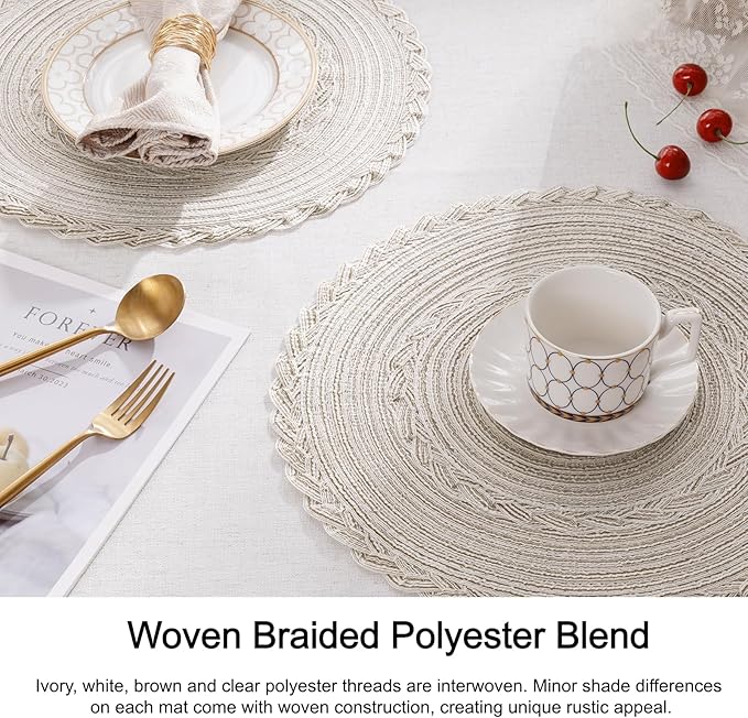 SHACOS Round Placemats Set of 6 Boho Braided Bordered Place Mats 15 inch for Dining Tables Wedding Holiday Party (Ivory Bordered, 6)