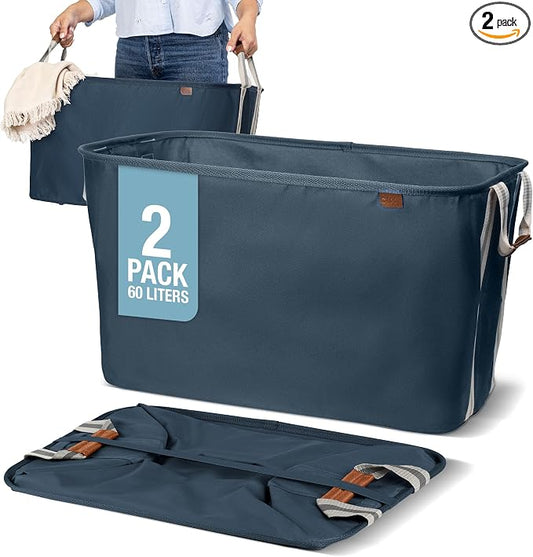 CleverMade Collapsible Laundry Basket LUXE 2 Pack – 60 L (16 Gal) Foldable Cotton Blend Clothes Hamper with Vegan Leather Accents, Reinforced Handles, Space Saving Laundry Bin Holds 55 lbs - Navy