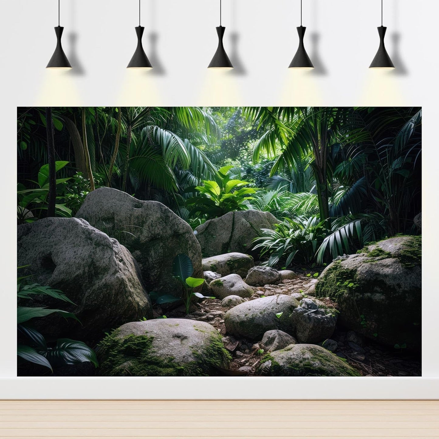 Reptile Habitat Backdrop Lush Tropical Plants and Rocks Terrarium Backdrop Dense Vegetation with Large Broad Leaves and Ferns Fish Tank Background Aquarium Wallpaper Poster Decor Vinyl 24x16in