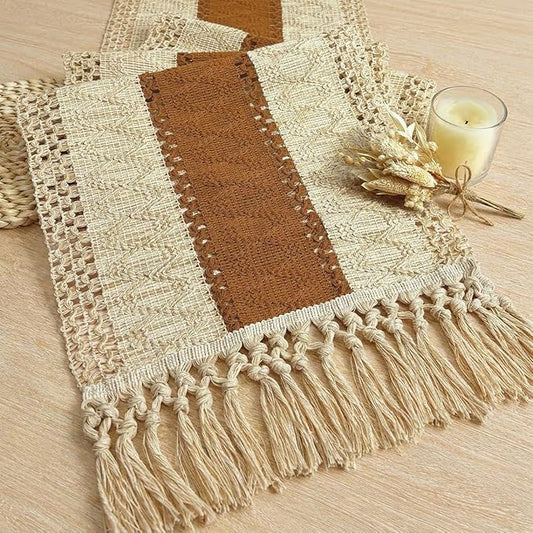 FEXIA Boho Table Runner for Home Decor with Tassels 108 Inches Long,Caramel Farmhouse Rustic Table Runner Macrame Burlap Table Decoration for Living Room Bridal Shower(12x108 Inches)
