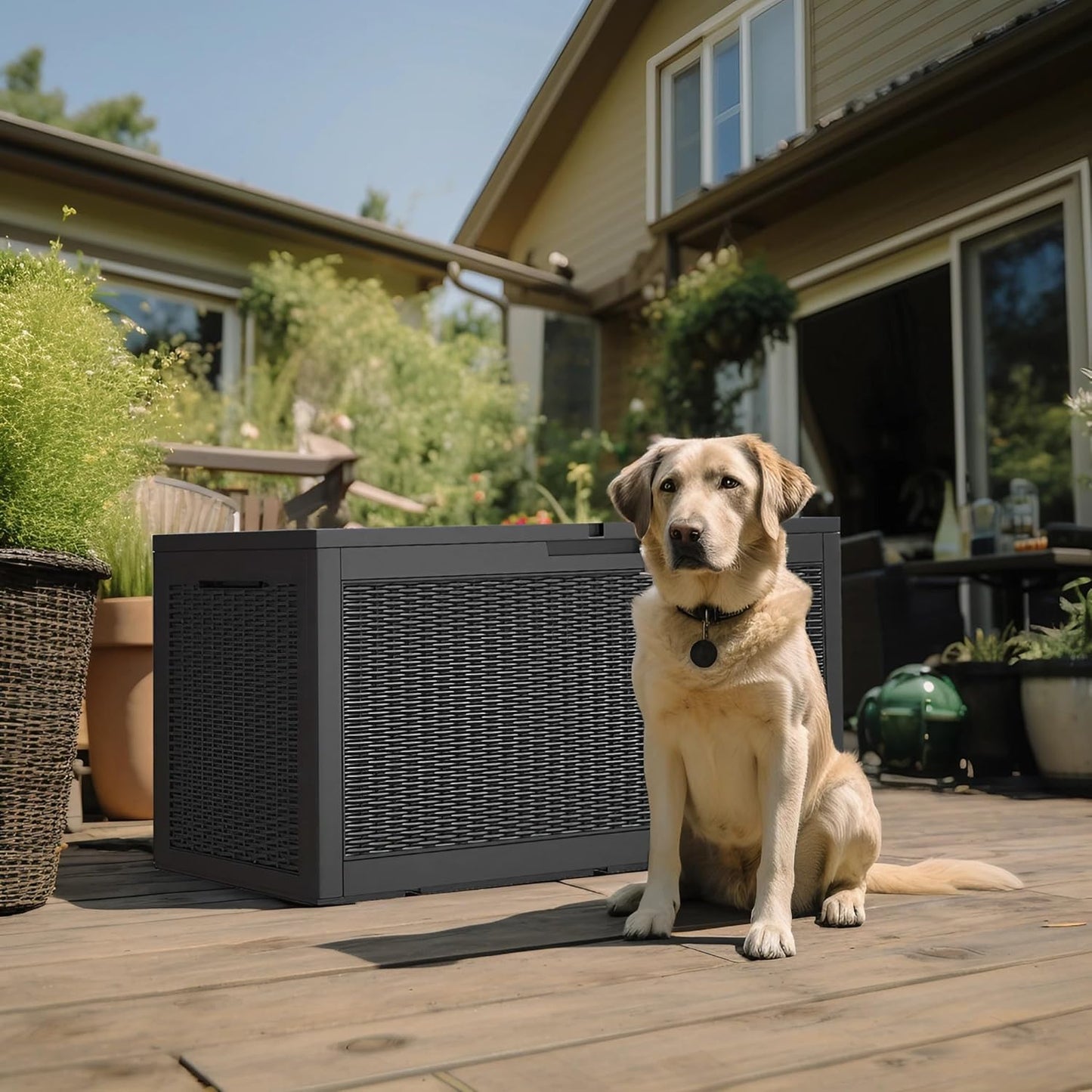 100 Gallon Outdoor Deck Box,Storage Lockable Waterproof Patio Furniture,Garden Tools,Cushions,Pool Accessories Outside Storage Resin Box(Black)