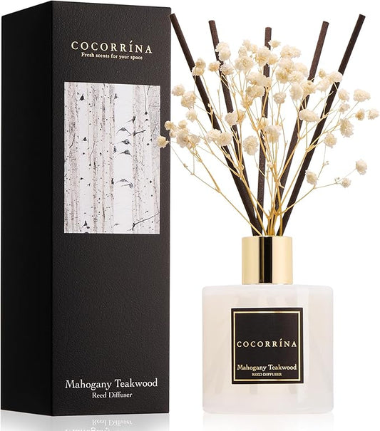 COCORRÍNA Reed Diffuser - Mahogany & Teakwood 6.7 fl oz Scented Diffuser with 8 Sticks Home Fragrance Reed Diffuser for Bathroom Shelf Decor