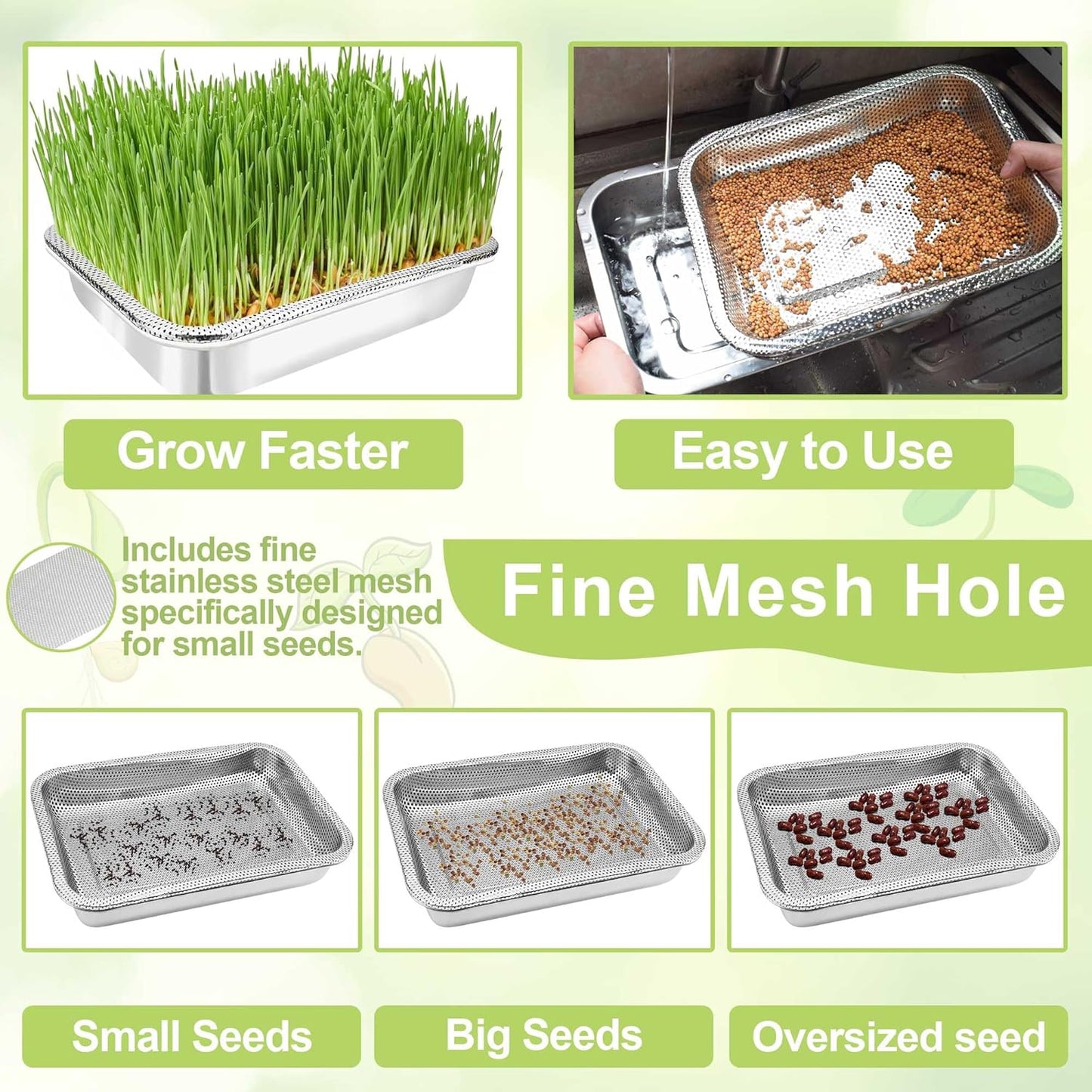 Stainless Steel Sprouts Growing Kit 2-Tier 10.4 inch Trays, Microgreens Growing Kit, Seed Sprouting Tray with Encrypted Mesh Sprouts for Beans Alfalfa Broccoli Wheat Grass
