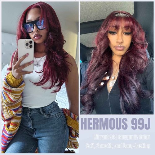 HERMOUS 13A Double Drawn 99J Dark Burgundy 3 Bundles Body Wave Human Hair, Double Lifespan Than Regular Hair, Keep Silky And Soft After Washes Colored #99J Wine Cheery Red Bundles Raw Hair 12 14 16 IN