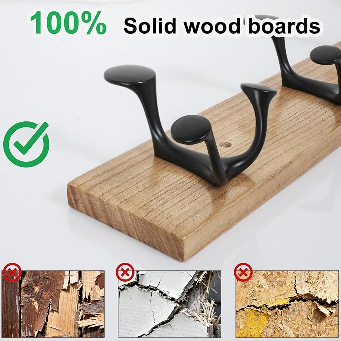 SKOLOO 24-Inch Wood Coat Rack Wall Mount with 5 Triple Hooks - Ideal for Family Entrances, Classrooms, and Pet Supplies Storage - Perfect Coat Hooks for Wall, Black on Natural