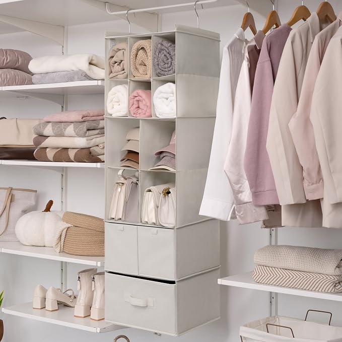 GRANNY SAYS Hanging Closet Organizer with Drawers, 6 Shelf Dividers Closet Hanging Organizer, Portable Foldable Hanging Shelves for Closet, Dorm Room, Bedroom, Kids Room, Beige