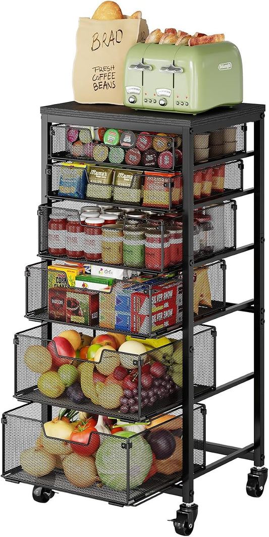 6-Tier Kitchen Storage Cart -Fruit Vegetable Storage Cart with Drawers, Wooden Top Metal Wire Kitchen Organizer and Storage Cart with Wheels to Storage Onions Potatoes Cans Snacks for Kitchen