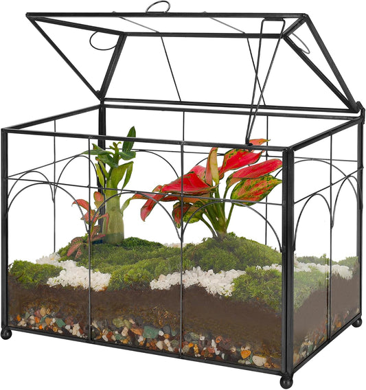 Handmade Glass Planter Terrarium with Lid, Indoor Tabletop Centerpiece Display Box Modern Decor DIY Gift Plant Terrarium Container for Succulent Cacti Air Plants Flower (Black)