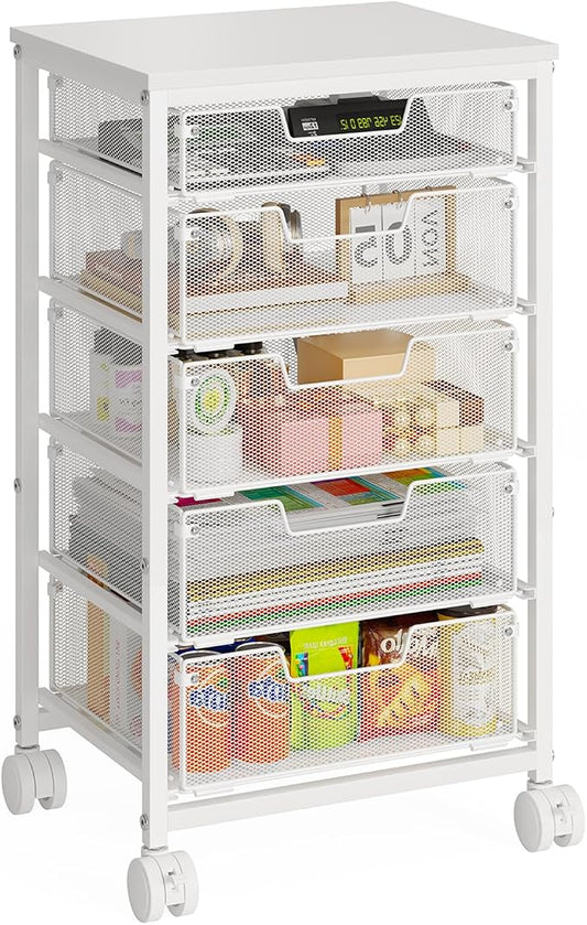 Sbanmao 5 Drawers Rolling Utility Cart, Storage Drawer Cart with Wooden Top, Rolling Storage Cart on Lockable Wheels, Metal Utility Cart & Craft Storage Cart for Bedroom, Classroom, Office, White