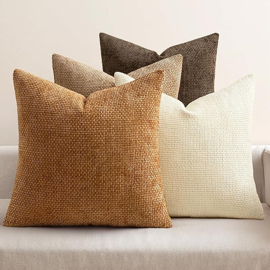 MIULEE Pack of 4 Brown Couch Throw Pillow Covers 16x16 Inch Soft Decorative Chenille Pillows Farmhouse Accent Cushions for Boho Home Decor Spring Sofa Bedroom Living Room