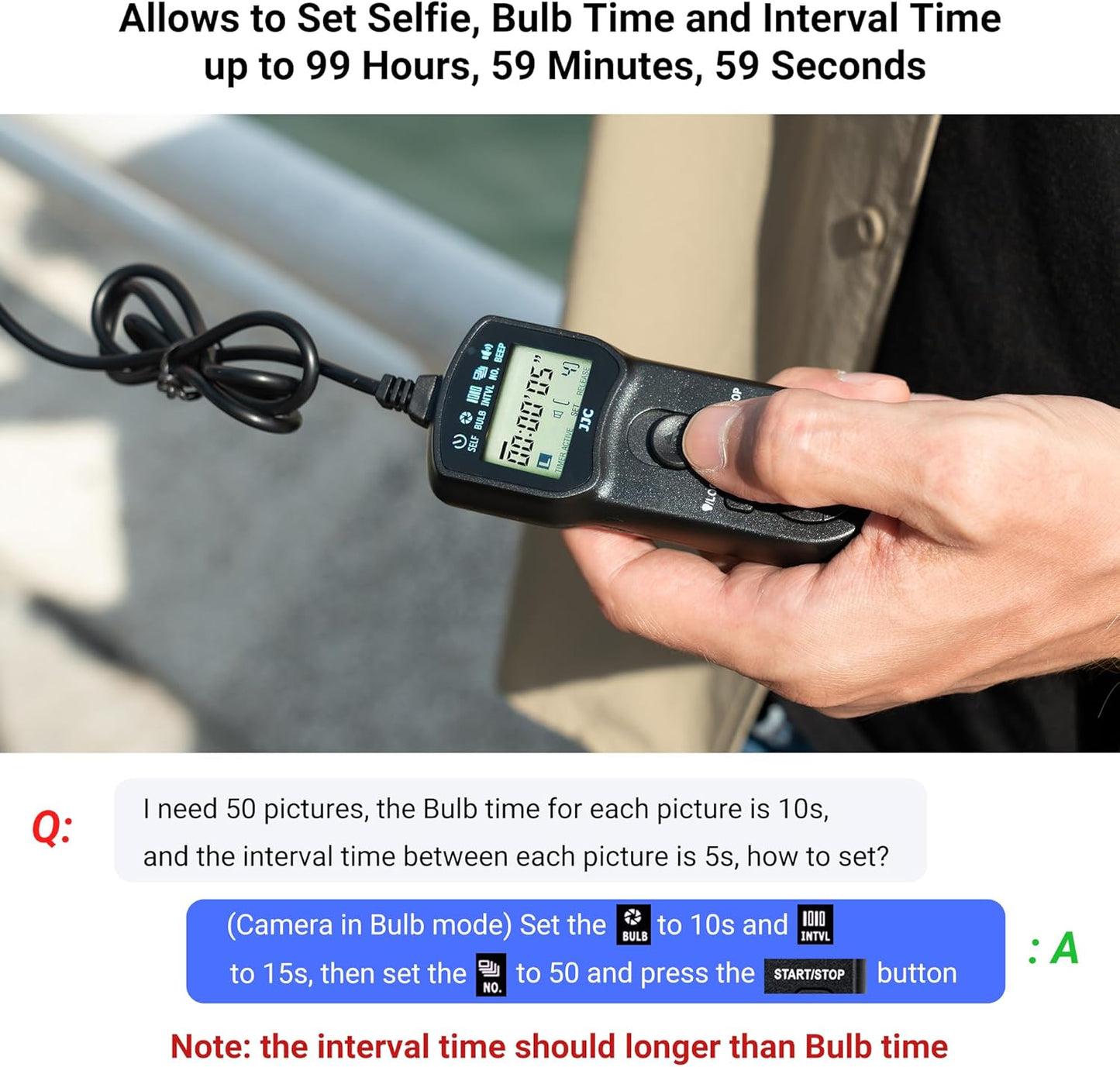 JJC Intervalometer Timer Remote Shutter Release Time Laspe for Nikon Z8 Z9 D850 D810A D810 D800 D800E D700 D500 D5 D4 D4s D3 D3s D2H D2X D2Xs D1H D1 D300s D300 D200 D100 and More Nikon Cameras