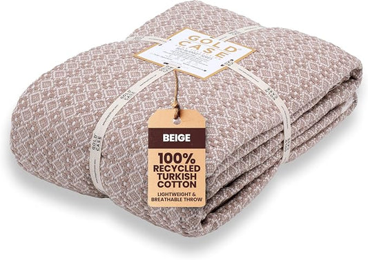 Gold Case Throw Blanket for Bed - 100% Recycled Turkish Cotton Blanket - Retro Lightweight Soft Throw Blankets for Bed & Living Room - Twin Size Cozy Blankets - 71x90 - Beige