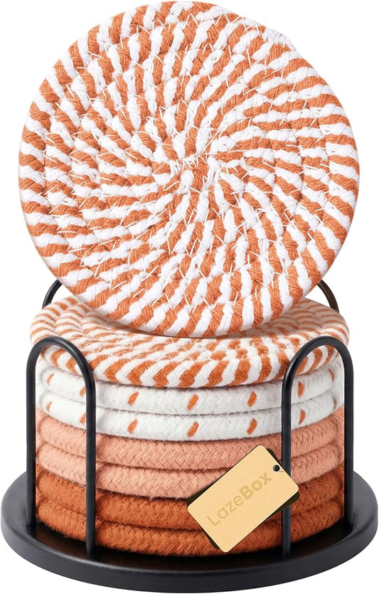 Lazebox Coasters Set of 8 for Drinks, 4 Inch Large Coasters for Coffee Table, Tabletop Protection for Hot & Cold Drinks, Versatile Coasters for Home Decor, Non-Slip & Easy to Clean, Orange