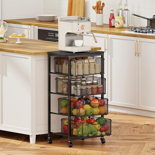 4-Tier Fruit Vegetable Storage Cart - Kitchen Organizer and Storage Cart with Wheels, Wooden Top Metal Wire Fruit Vegetable Rack Stand with Drawers to Storage Cans Snacks for Kitchen(Patent Pending)
