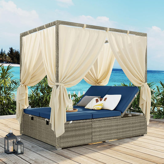 Patio Chaise Lounge,PE Rattan Outdoor Patio Wicker Adjustable Outdoor Sun Bed with Four-sided Canopy and Comfortable Blue Cushion – Versatile Use for Patio, Garden, and Poolside