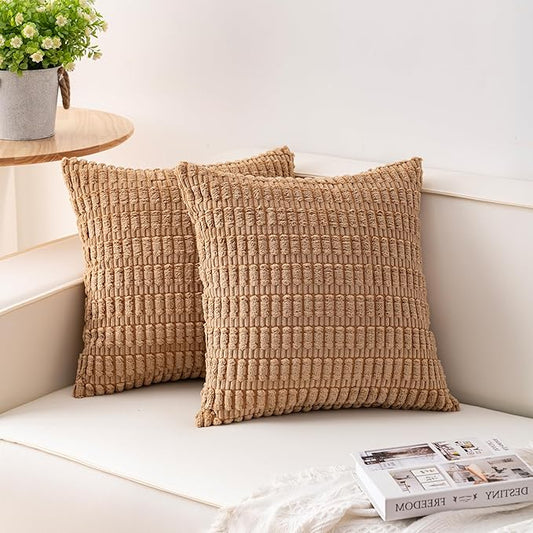 Aegero Pack of 2 Corduroy Decorative Throw Pillow Covers 26x26 InchSoft Striped Pillow Covers Modern Farmhouse Home Decor for Sofa Living Room Couch Bed（Coffee）