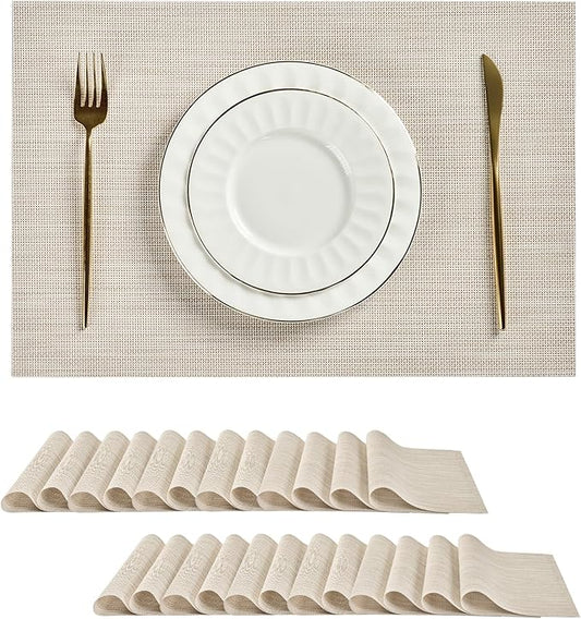 Leetaltree Beige White Placemats Set of 24 - Heat Resistant Non-Slip Place mats for Dining Table, Washable Durable PVC Vinyl Woven Table Mats(Beige White, 24)