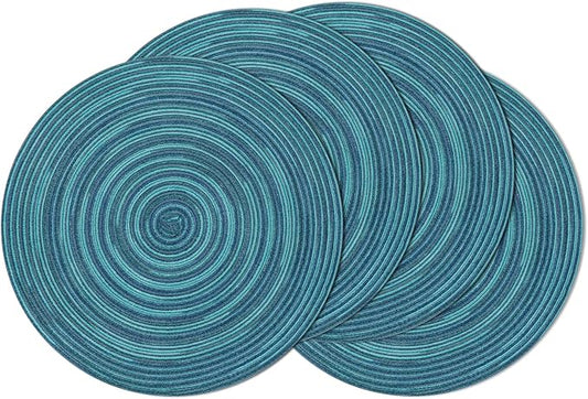SHACOS 15 inch Round Placemats Set of 4 Variegated Multicolor Place Mats Cotton Polyester Braided Non Slip Washable Heat Resistant Table Mats for Home Wedding Dinner Party Table Decor, Rainbow Teal