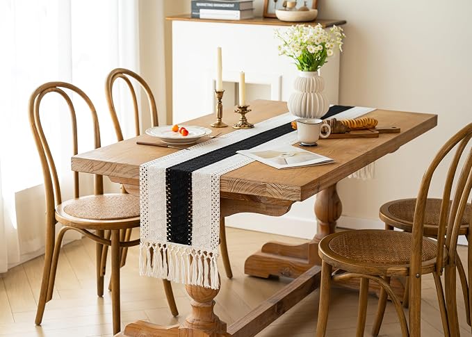 FEXIA Boho Table Runner for Summer Home Decor with Tassels 108 Inches Long Farmhouse Rustic Black Gothic Table Runner Macrame Gothic Burlap Table Decoration for Kitchen Living Room (12x108 Inches)