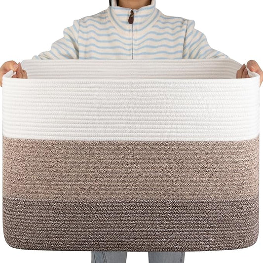 OIAHOMY 108L Super Large Blanket Basket, 25”x16”x16”(108L) Rectangle Woven Baskets for Storage, Cotton Rope Basket For Living Room, Toy Storage with Handle- Gradient Dark Brown