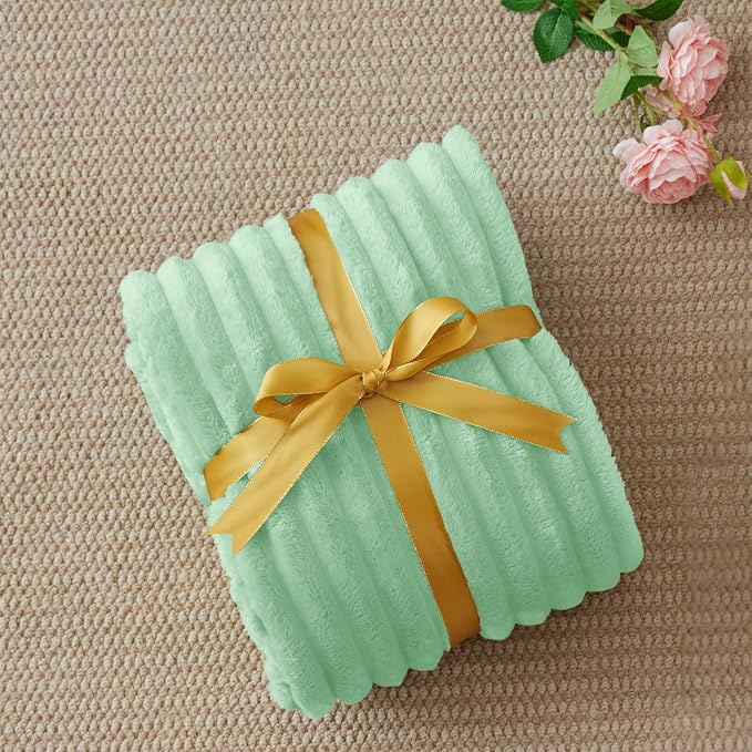 BEDELITE Fleece Throw Blanket for Couch - 300GSM Soft & Warm Fluffy Mint Green Blanket, Decorative and Giftable Striped Blankets for Women, Men, 50"x60"
