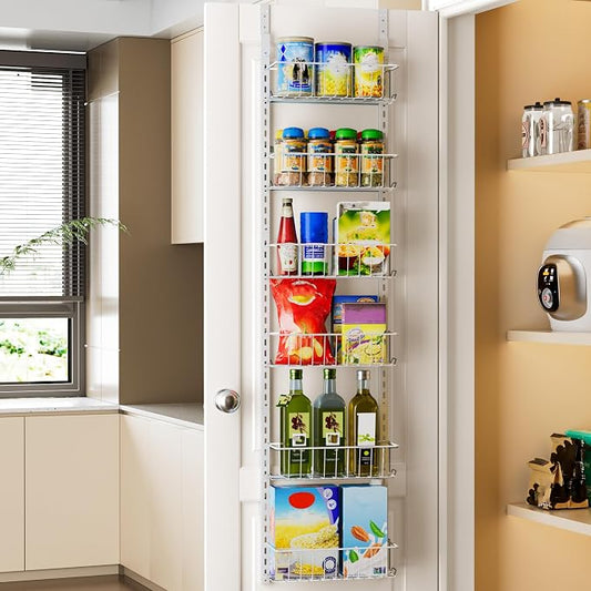 Delamu Pantry Door Organizer, Adjustable Metal Over the Door Pantry Organizer Rack, 6-Tier Over the Door Spice Rack, Kitchen Pantry Door Organizers and Storage, D5 W12 H52.1 inch, White, Small