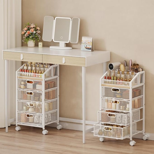 HapiRm Rolling Makeup Cart Organizer - Under Desk Makeup Storage with Wheels, Floor Make up Cart Skincare Organizers Desk Vanity Storage Organizer Cabinet for Cosmetics Makeup Brush Hair Tool, White