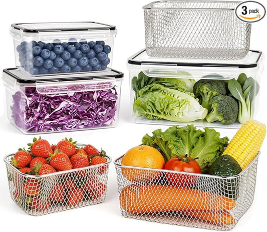 3 PCS Large Fruit storage Containers for Fridge - Leakproof Food Storage Containers with Stainless Steel Colander - Dishwasher safe Produce Containers Keep Fruits, Vegetables, Berry, Meat Fresh longer