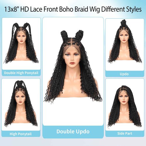 Olymei 12inch 13x8 Hd Lace Front Braided Wigs for Women Knotless Boho Braided Wigs Short Box Braid Wig with Baby Hair Premium Synthetic Curly Braided Lace Front Wigs Natural Black