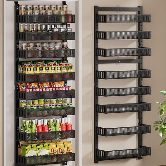POKIPO 8-Tier Over the Door Pantry Organizer, 2 IN 1 Wall Mount or Hanging Spice Rack with Adjustable Raised Basket, Heavy Duty Back of Door Storage for Kitchen Bathroom Laundry Room