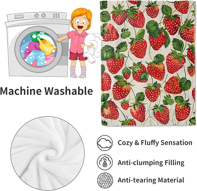 Strawberry Blanket Lush Red Strawberries Throw Blankets with Green Leaves,Birthday Gifts for Kids Adult Women,Lightweight Soft Fleece,for Sofa Couch Bed Room Farmhouse Decor 40x50in