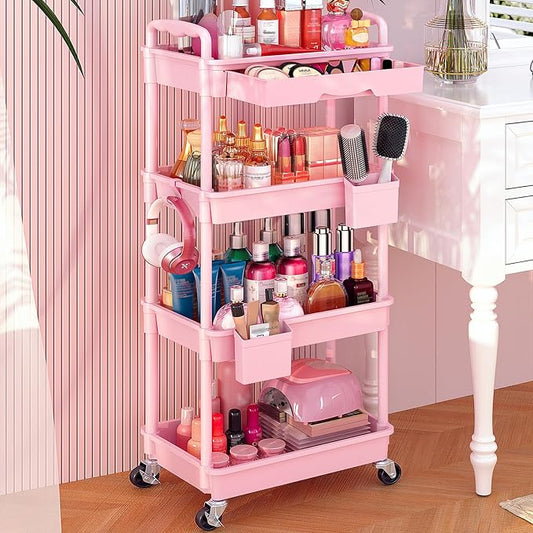 Goovilla Rolling Makeup Organizer Cart with Removable Drawer, 4 Tier Stable Pink Floor Skincare Storage Cart for Vanity, Cosmetic Display, Nail Polish, Perfume, Hair Stuff, Beauty, Bathroom(Plastic)