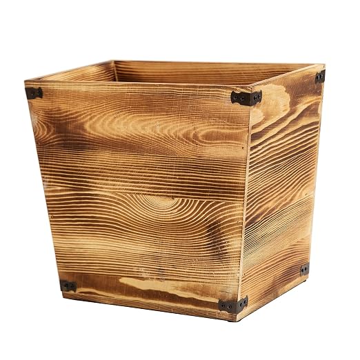 Grey Farmhouse Style Torched Wood Trash Can Waste Bin with Decorative Metal Brackets Trash Can for Bedroom,Living Room, Bathroom & Office (Brown)