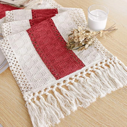 FEXIA 4th of July Table Runner for Home Decor with Tassels 72 Inches Long Farmhouse Red Rustic Boho Table Runner Macrame Burlap Table Decoration for Living Room Bridal Shower(12x72 Inches)
