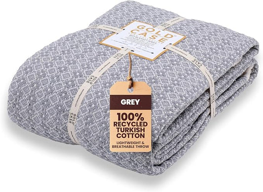 Gold Case Throw Blanket for Bed - 100% Recycled Turkish Cotton Blanket - Retro Lightweight Soft Throw Blankets for Bed & Living Room - Twin Size Cozy Blankets - 71x90 - Grey