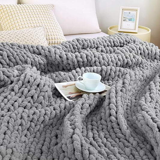 Admitrack Chunky Knit Blanket Throw, 100% Hand Knit Chenille Throw Blanket for Sofa & Home Decor, Soft and Cozy Knitted Throw Blankets (Dark Gray，51"x63")