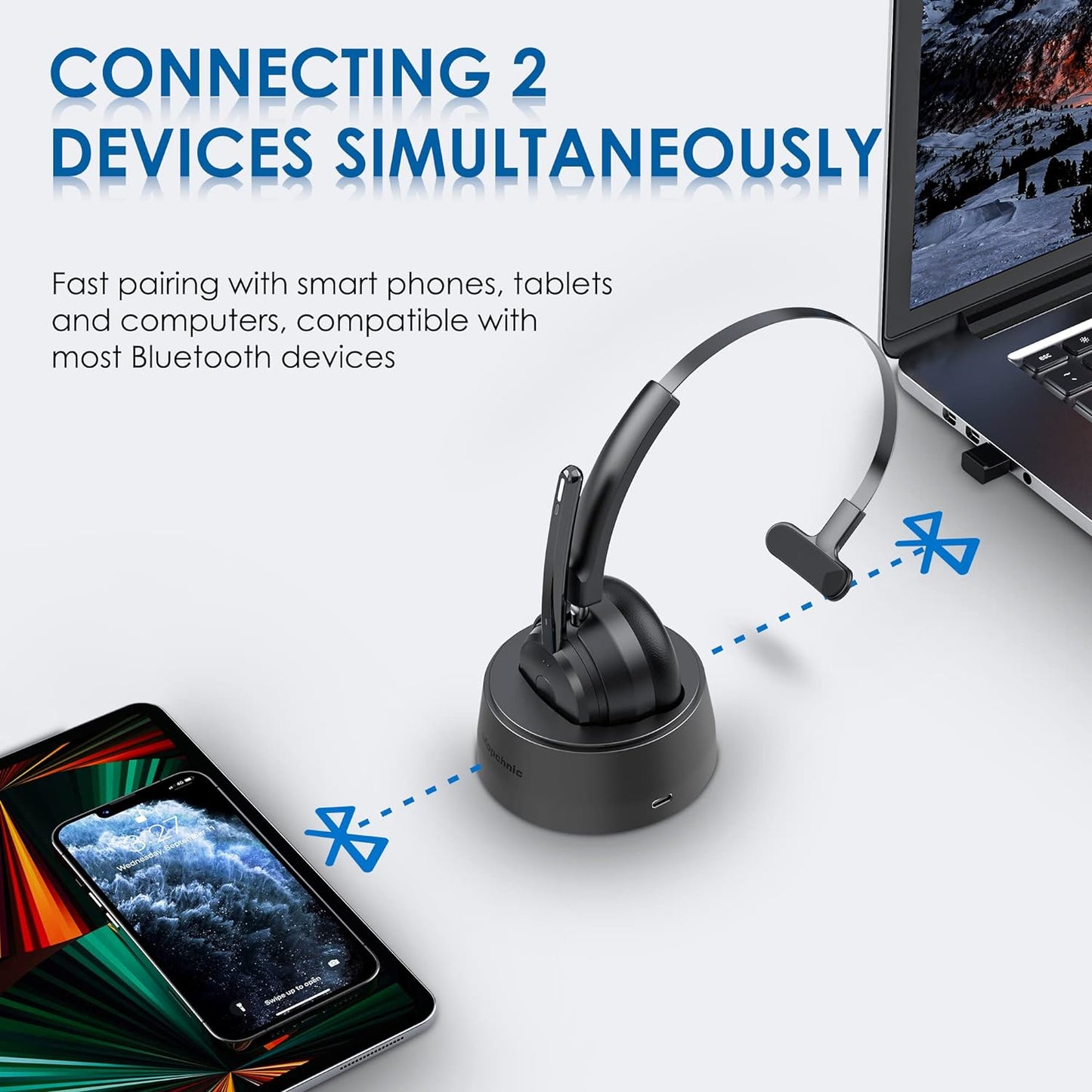 Bluetooth Headset, Wireless Headphone with Microphone for Computer, On Ear Bluetooth with USB Dongle for Office Call Center Skype Zoom Meeting Online Class (Dark Gray)