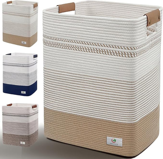 Large Laundry Hamper Basket, 85L Cotton Rope Woven Storage Bin for Blankets, Dirty Clothes Toys, Decorative Tall Basket with Leather Handles for Living Room, Bedroom, Bathroom, Nursery, Jute